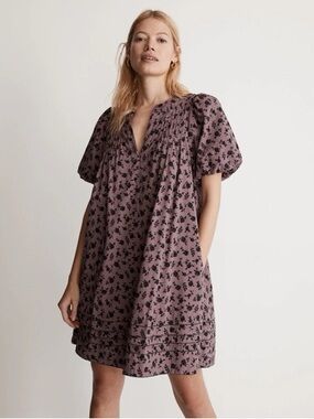 Madewell Puff-Sleeve Mini Dress in Shadow Blooms, size XS